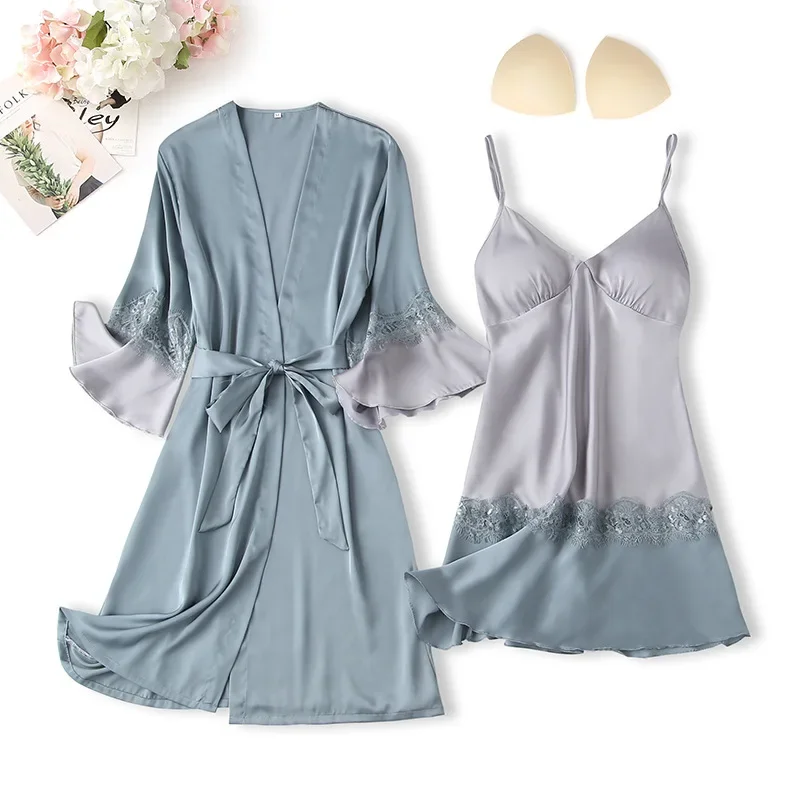 MECHCITIZ 2021 sexy Nachtwäsche Seide Robe & Kleid Sets gepolsterte Dame Femme Nachthemden Satin Pyjamas Sets Sommer Home Wear Dessous Anzug