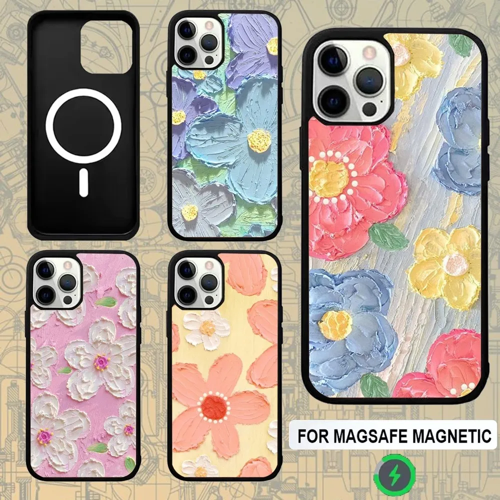

Retro Oil Painting Flowers Phone Case For IPhone 16e,16,15,Pro,Max,14,Plus,13,12,11 Magesafe Magnetic Wireless Charge Cover