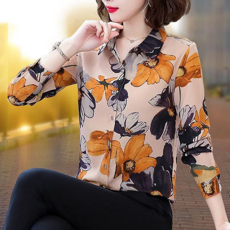 Women Korean Fashion Elegant Print Lapel Button Shirts Spring Autumn Business Casual Office Lady Blouses Female Long Sleeve Tops