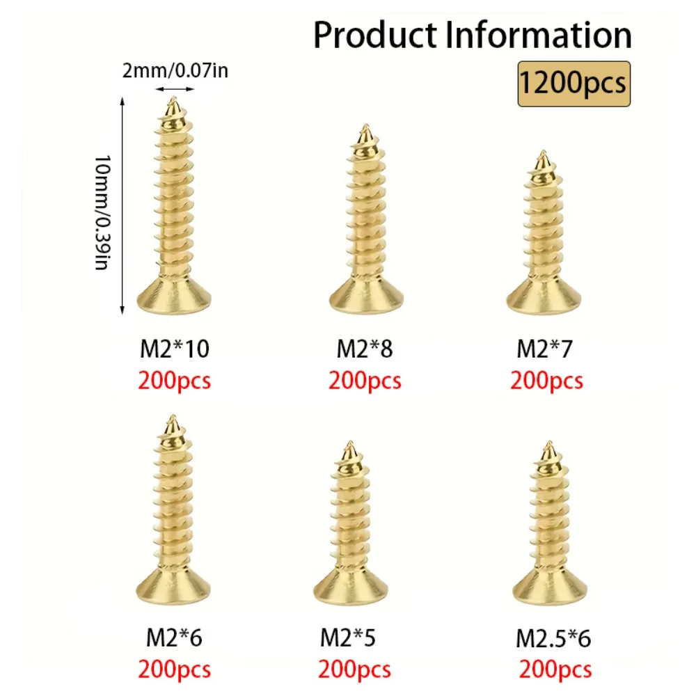 1200 Brass Self-Tapping Screws, Gold-Plated M2/M2.5 Screws, Suitable for Wooden Crafts and Vintage Storage Boxes