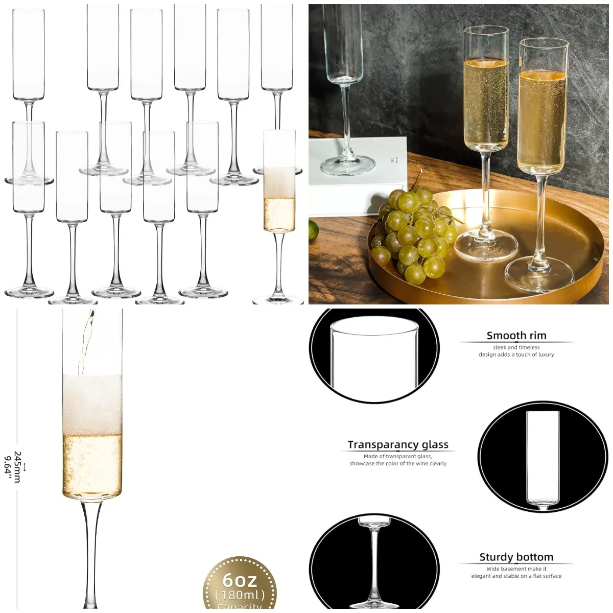 

Champagne Flutes 6oz, Set of 12 Long Stem Clear Glasses for Wedding, Anniversary, Party, Birthday Gift