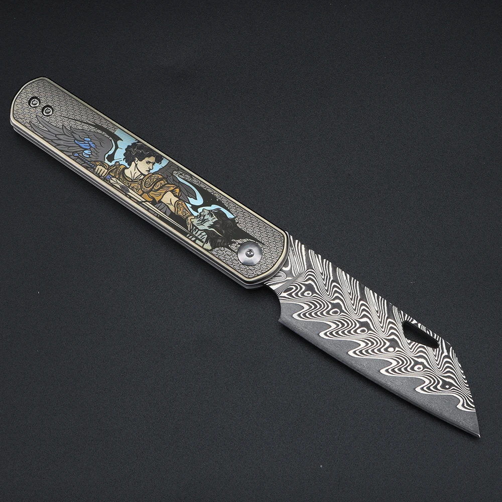 XUANTENG [Angel Overcomes the Devil] Titanium alloy handle pocket knife VG10 Damascus folding knife view 4