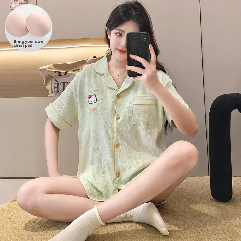 

Летние шорты с короткими рукавами, женские пижамы с нагрудными подушечками, милый кардиган с рисунком KT, комплект с изображением кошки и девушки