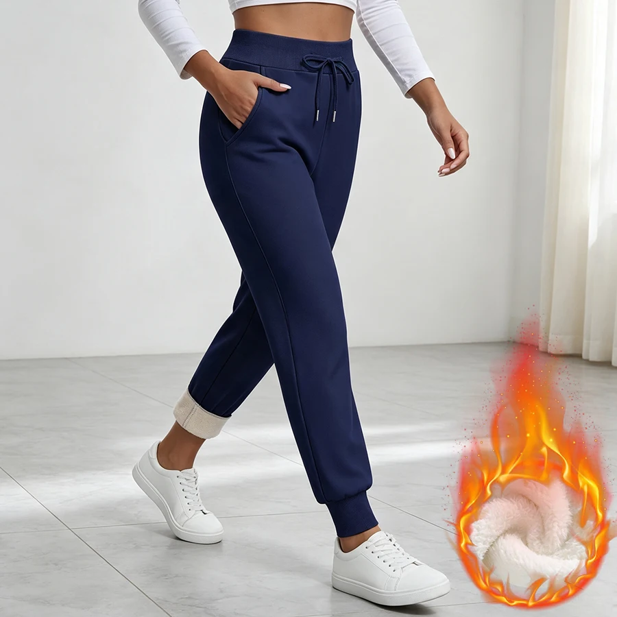 Women's Fleece Joggers with Pocket Soft Thick Warm Bottom Sweatpants Drawstring Waist Thermal Lined  Casual Athleisure Trousers