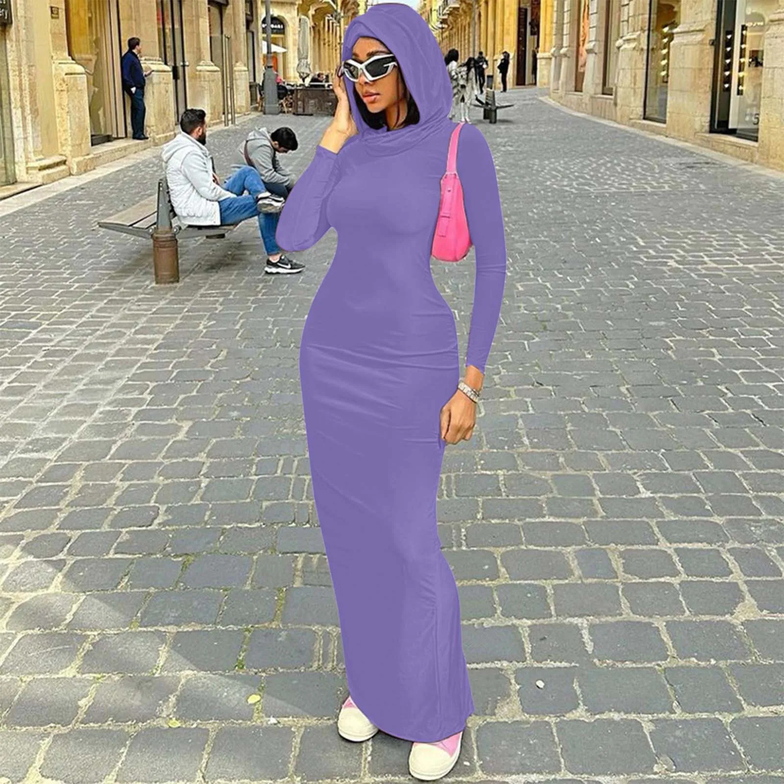 

2024 Autumn Casual Hooded Maxi Dress Women Solid Color Long Sleeves O-Neck Slim Fit Bodycon Dresses Fashion Lady Streetwears