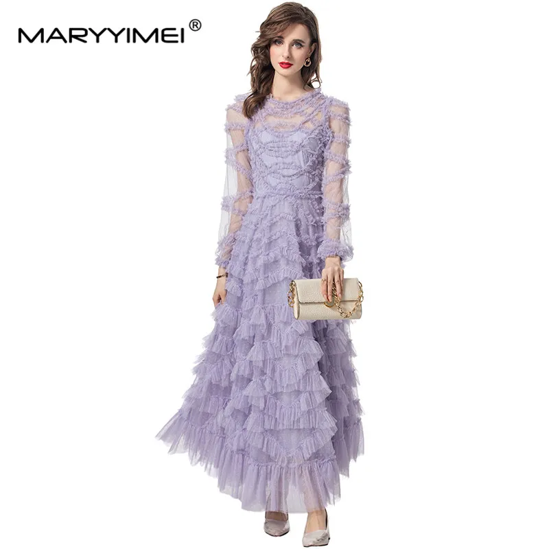 MARYYIMEI Red/Pink/Lavender/Sky Blue Spring Women\'s dress Long-Sleeve Mesh Splicing Edible Tree Fungus Maxi Party Dresses