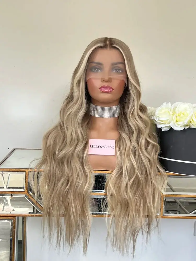 شعر فاخر طويل الطول موجة عميقة غلويليس الباروكات الشعر الاصطناعية تسليط الضوء على العسل شقراء الجبهة الدانتيل الباروكات المستخدمة يوميا قسط الألياف #4