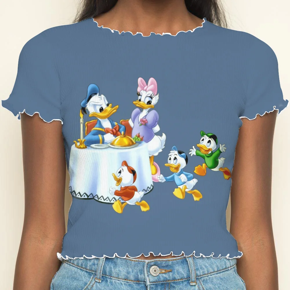 Woman Clothing Lettuce Trim Crop Tops Sexys Short Sleeve T-shirt Disney Donald Duck Daisy Summer Clothes Women 2024 Y2k T-shirts