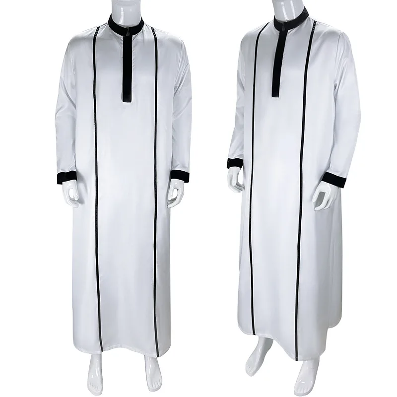 White Arabic Muslim Robe Men\'s Jubba Thobe Long Sleeve Pakistan Islamic Abaya Kaftan for Men Stand Collar Loose Clothing