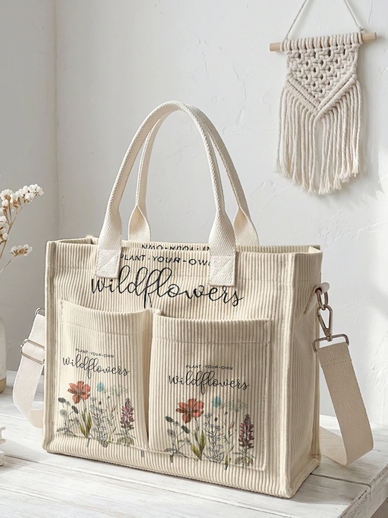 

Винтажная вельветовая сумка-тоут с принтом Wildflower "Plant Your Own", большая вместимость, много карманов, для любителей природы, городская сумка через плечо