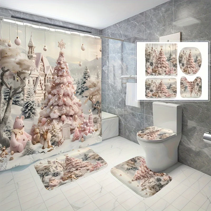 1/3/4 Set Christmas Holiday Shower Curtain, Printed with Snowmen and Animals, Digital Printing, Waterproof, Polyester Material,