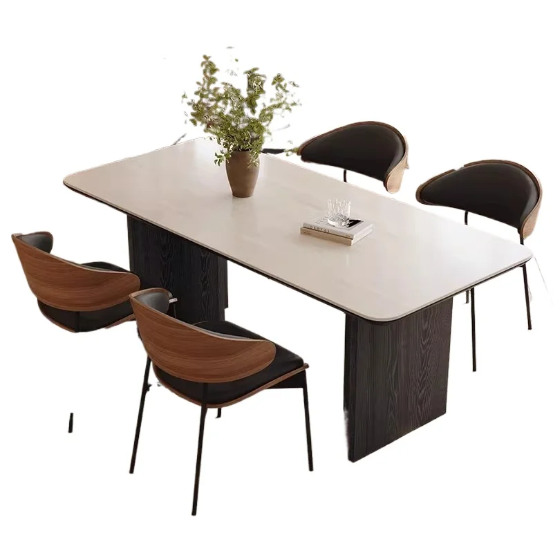 Medieval solid wood travertine rock slab dining table and chairs household small apartment rectangular table dining table