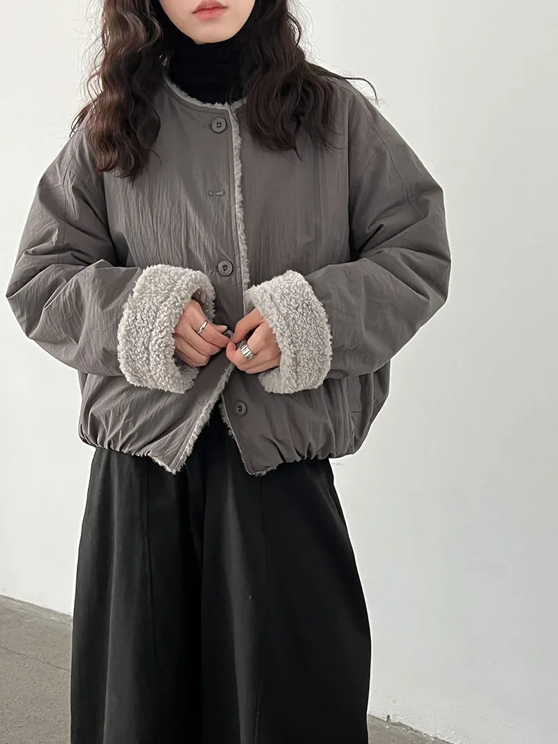 Korean Trendy Simple Lamb Wool Round Neck Warm Women's Padded Jacket Autumn Winter New Single Breasted Coats