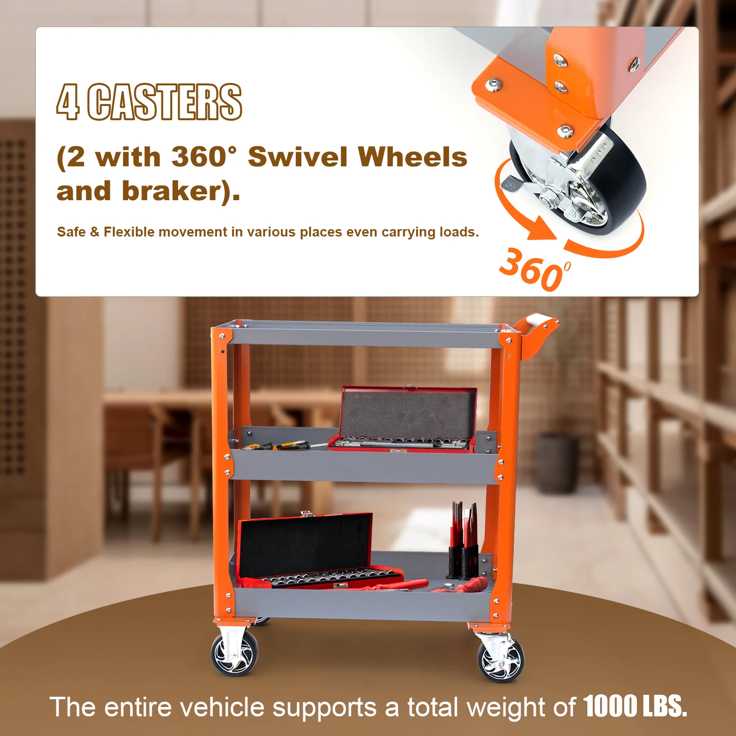 HPDMC Utility Service Cart 3-Shelf 1000LBS Heavy Duty Plastic Rolling Utility Cart with with Wheels for Warehouse/Garage