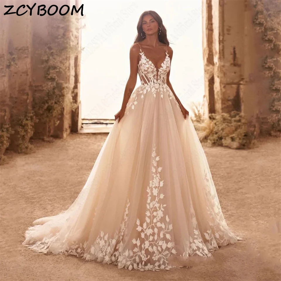 Customized V-Neck Spaghetti Strap Appliques Backless Tulle A-line Wedding Dresses For Women 2024 Court Train Vestidos De Noiva