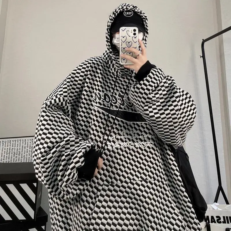 Hoodie Pullover Sweatshirt Oversized Crew Neck Long Sleeve Lattice Top Female Black Chic Harajuku Blend Coat 2022 New