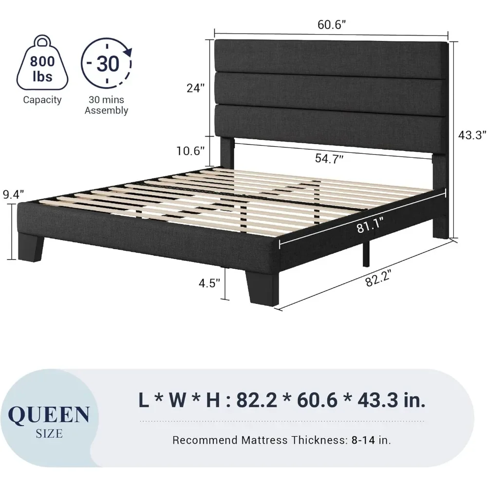 Каркас кровати размера «queen-size» с изголовьем с тканевой обивкой и опорой с деревянными рейками, коробчатая пружина не требуется/простая сборка