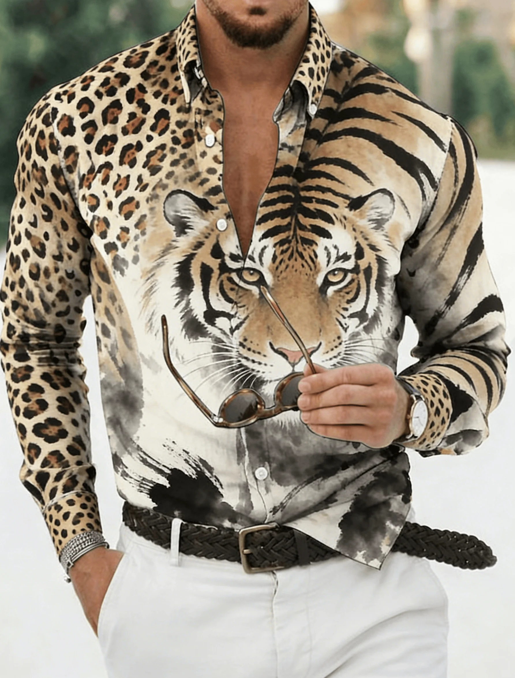 

Men's Leopard & Tiger Print Long Sleeve Shirt Spring Summer Turn-Down Collar Casual Blouse
