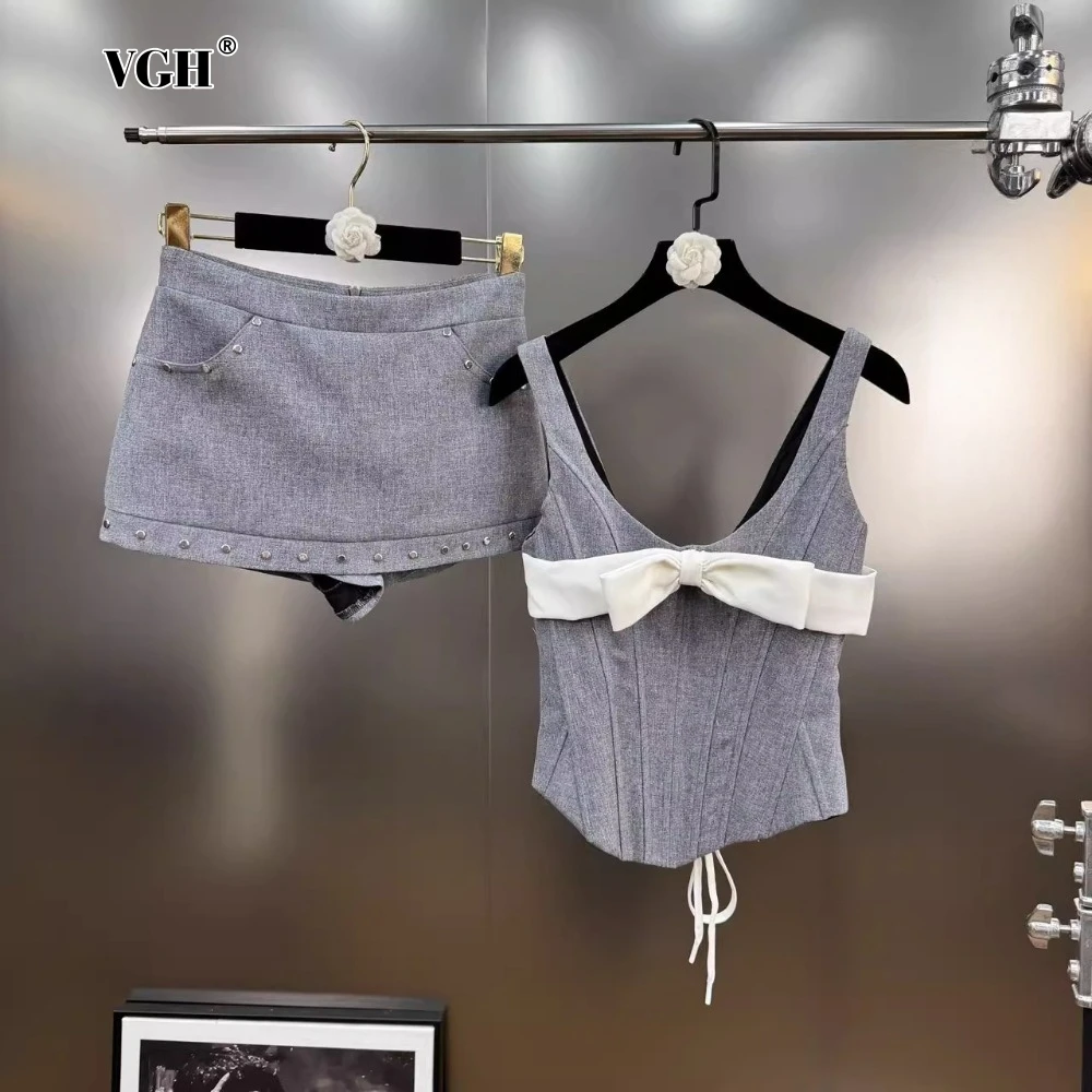 

VGH Hotsweet Two Piece for Women Square Collar Sleeveless Patchwork Fish Bone with Bow Vest Mid Waist Short Skirt Suits Female