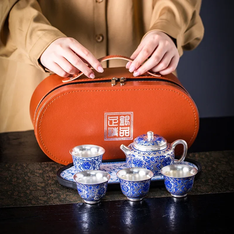 Sterling Silver Lotus Twigs, One Pot and Four Cups, Household Chinese Style Kung Fu Tea Set, Ceramic Tea Maker, Conference Gift