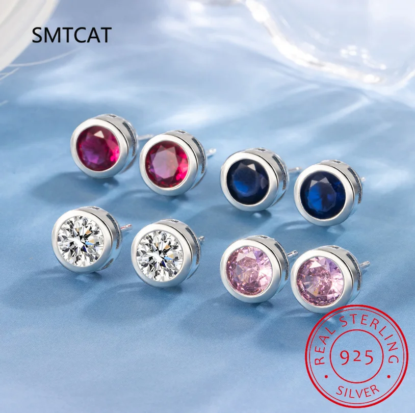 Round Genuine Red Garnet Ruby 925 Sterling Silver Bubble Stud Earrings for Women Fashion Engagement Jewelry Birthstone