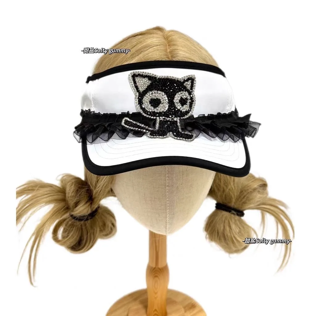 Girl's Sweet Style Caps Kawaii Hats Sparkling Diamond Cat Lace Open-top Baseball Cap Subculture Sun Hat Y2K Lolita Headwear