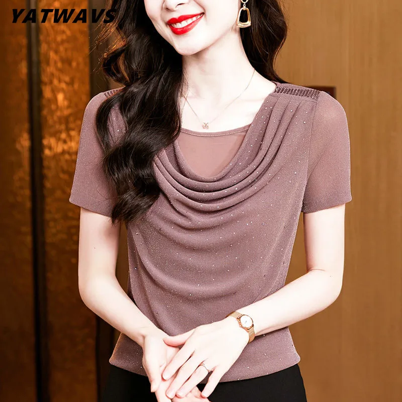

New Summer Classic Women's T-Shirt Elegant Draped O-Neck Designer Tops Shiny Hot Diamonds Casual Trendy Slim Mesh Tees Blouse