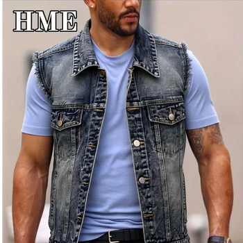 American Streetwear Men's Frayed Denim Vest Vintage Washed Turn Down Collar Sleeveless Jean Jacket Spring Summer