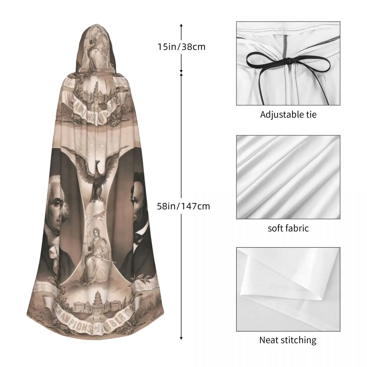 جورج واشنطن وأبراهيم لينكولن عباءة طويلة بغطاء للرأس الساحرة في القرون الوسطى زي تنكري كيب حفلة الهالوين للبالغين للجنسين