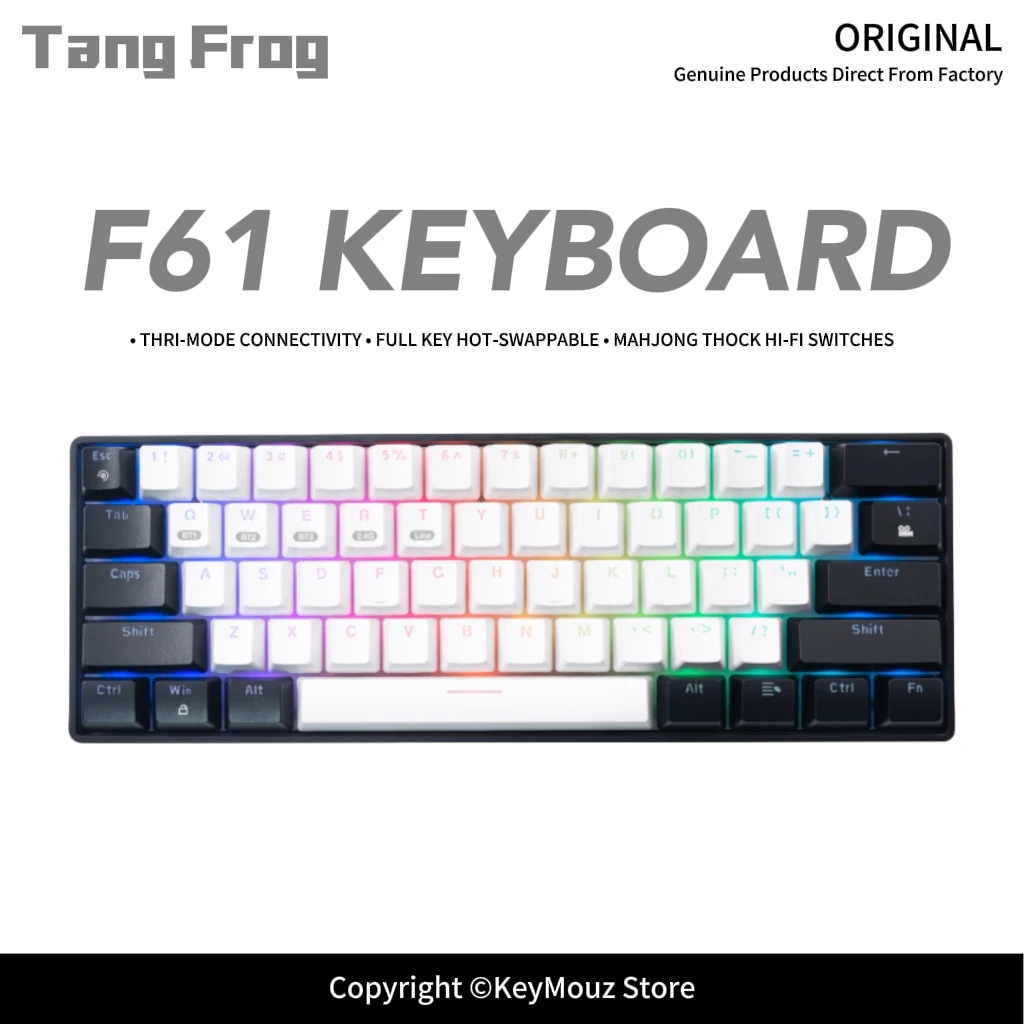 Teclado Mecânico F61 Tri-Modo, Layout 60%, Hot Swappable, Switches Personalizados Silver Moon, Teclado Gamer com Retroiluminação ARGB para PC Gamer