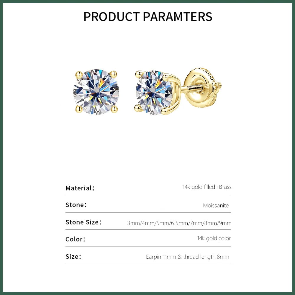 Lnngy 0.1-3CT Test Passed Moissanite Stud Earring for Men Women 4 Prong Solitaire Lab Diamond Screw Back Earrings Jewelry Gift