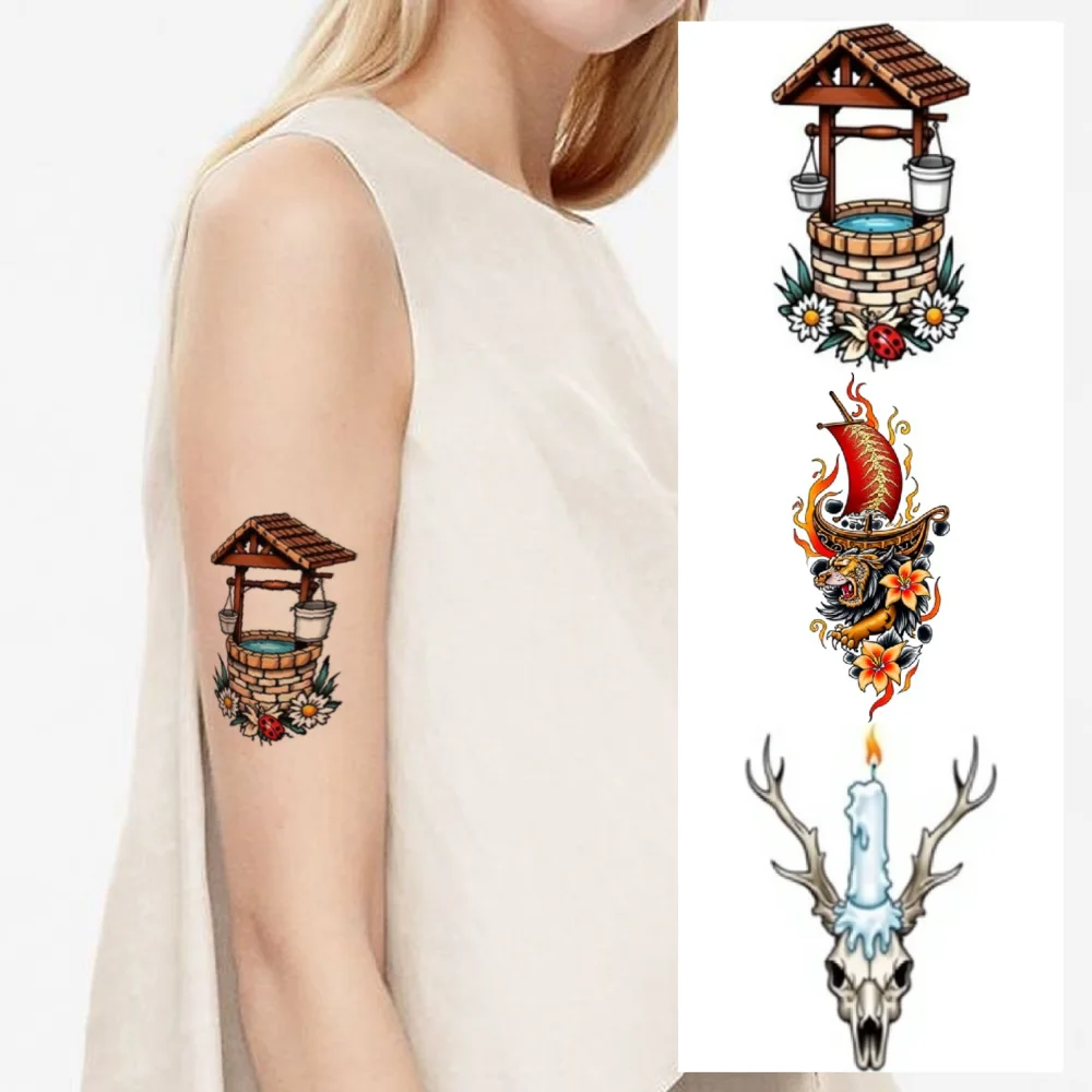 28pcs Temporary Tattoo Daisy House Temporary Tattoo Stickers Tree Swing Vintage House New School Traditional For Chest Women