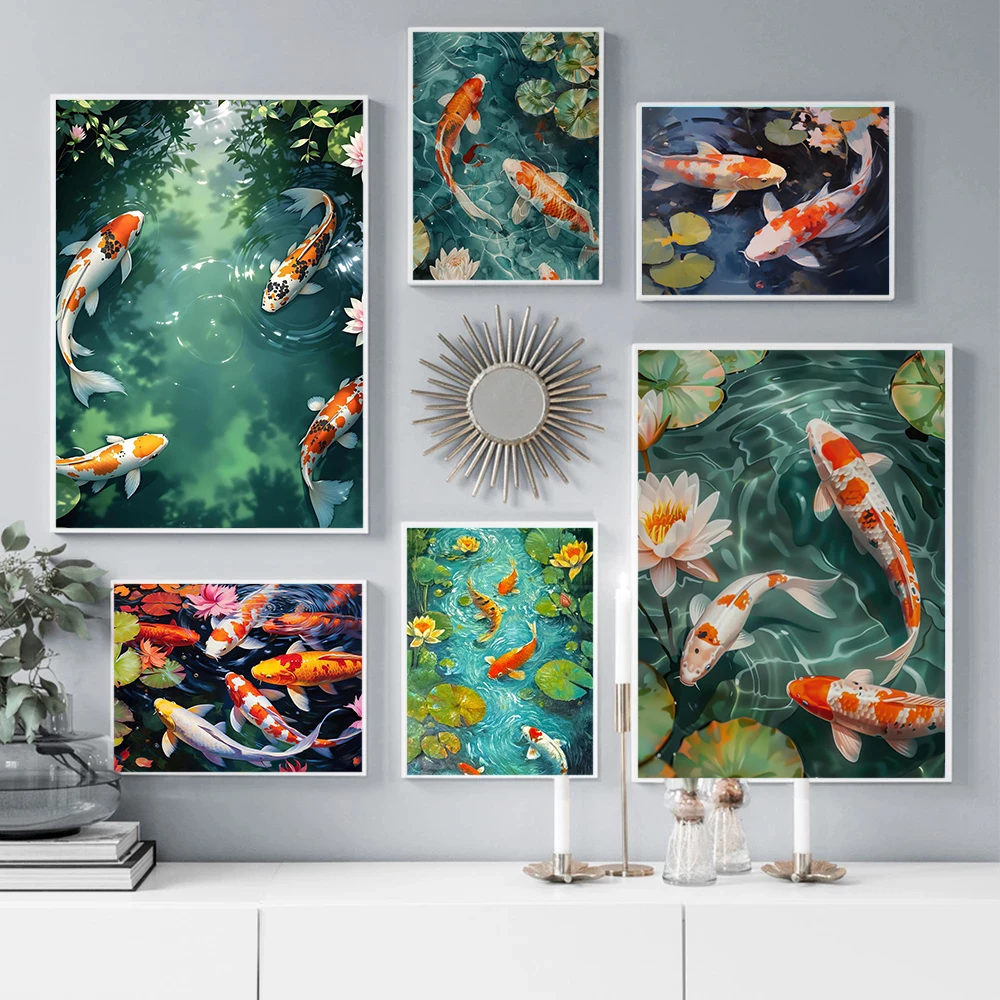 Affiche d'art de carpe Koi, tranquilité Zen japonaise asiatique, esthétique naturelle, impression sur toile, décoration murale pour salon, chambre à coucher, maison