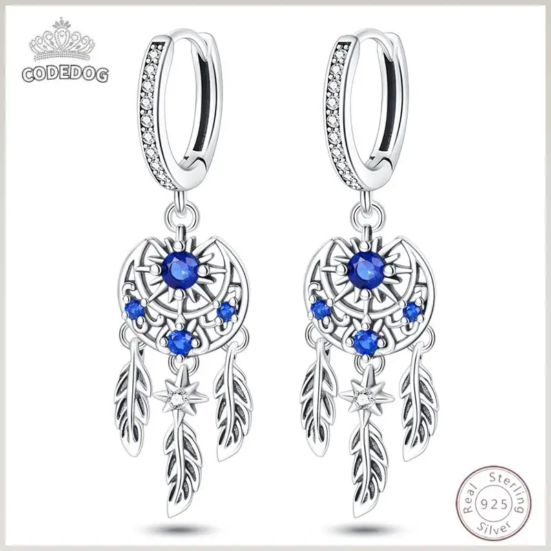 

Hot 925 Sterling Silver Earrings Charm Blue Dream Catcher Moon Shiny Zircon Wedding Women Jewelry Gift