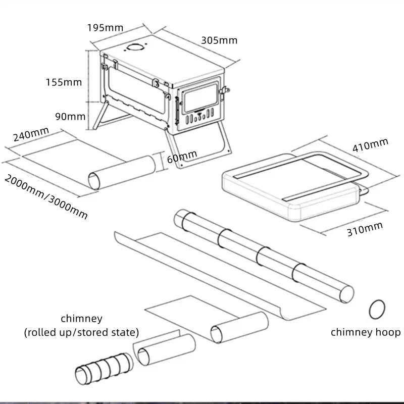 Réchaud de tente pliant en acier inoxydable 2/2, poêle à bois de camping portable à la mode, meilleur four à bois chaud, 5/3 m, 304 m