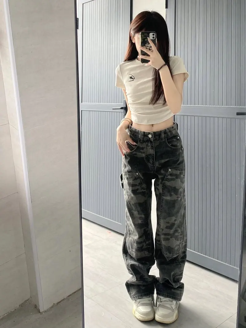 

Джинсы с низкой талией Y2K, женская осенняя одежда, вышивка, цветочный узор, графическое художественное украшение, женская джинсовая мода, эстетика