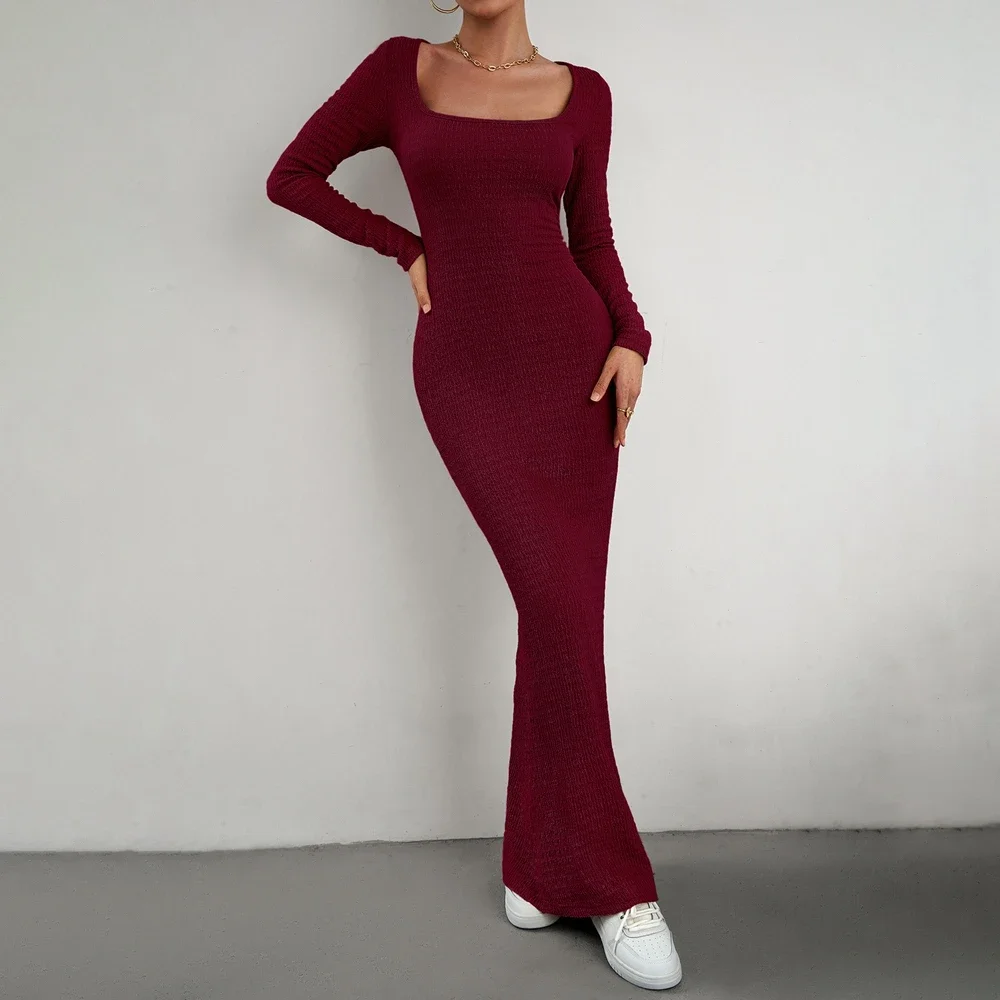 Autumn Winter Knitted Dress Women 2023 Elegant A-line Long Maxi Bodycon Dresses Female Casual Black Ribbed Maxi Robe Ladies