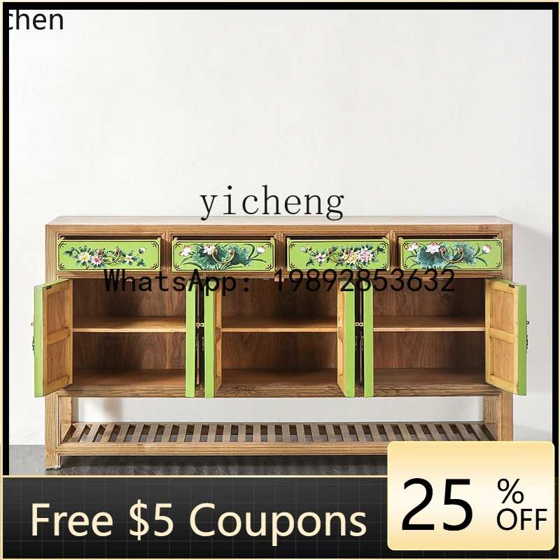 

Z1 Hand-painted Solid Wood Sideboard Storage Cabinet Elm Wood Entrance Partition Shoe Cabinet Complete Furniture