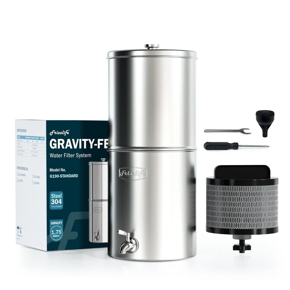 Gravity-Fed Water Filter System Element Reduces 99% Chlorine, Bad Taste & Odor, 10+ Impurities Stainless Steel Countertop System