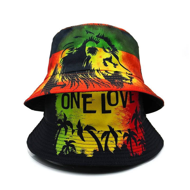 Bocca Rasta Lion Bucket Hat One Love Printing Pattern Fisherman Hats Location Design Double Sides Panama Cap Outdoor Sunscreen