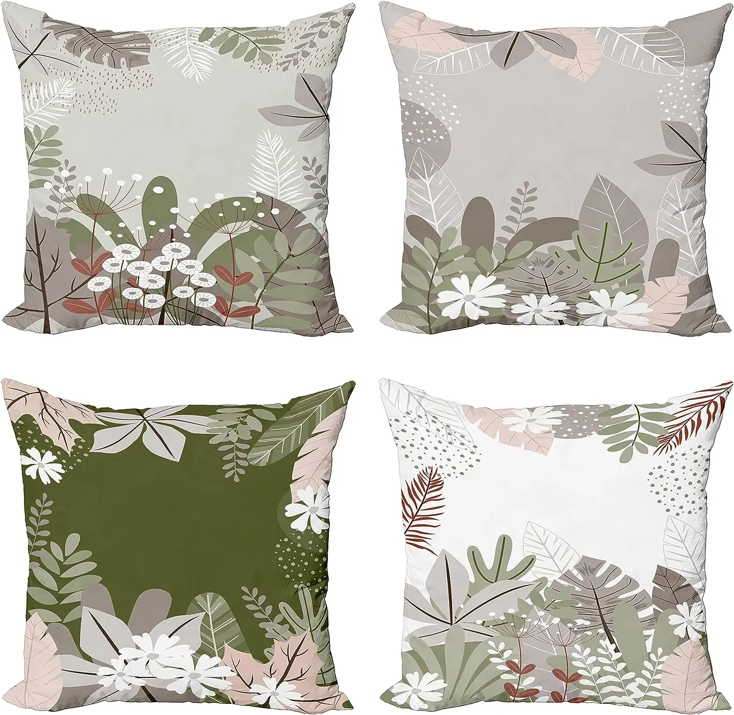 Plant Pillow Cushion Cover Autumn Leaves Large Exotic Leaves Chrysanthemum Leaves Forest Olive Green White Pillowcase