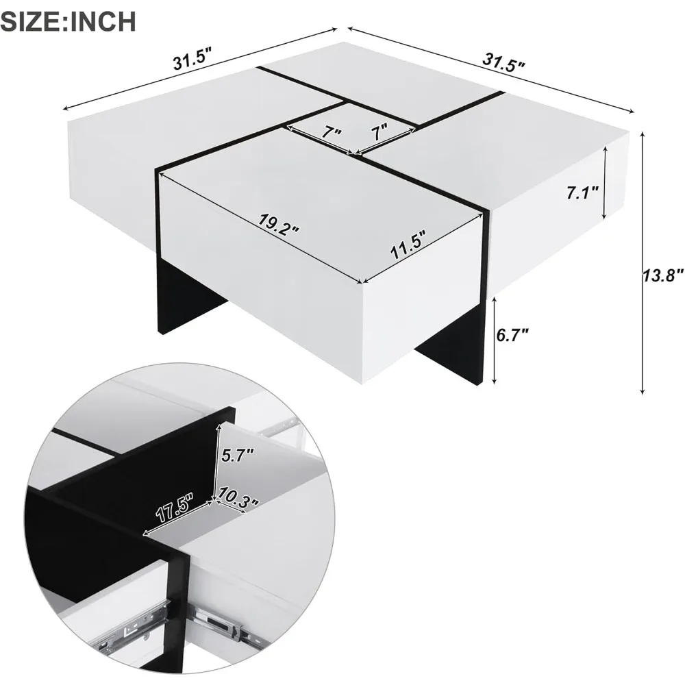 현대적인 확장형 커피 테이블, 4개의 숨겨진 수납공간, 고광택 사각형 센터 칵테일 테이블