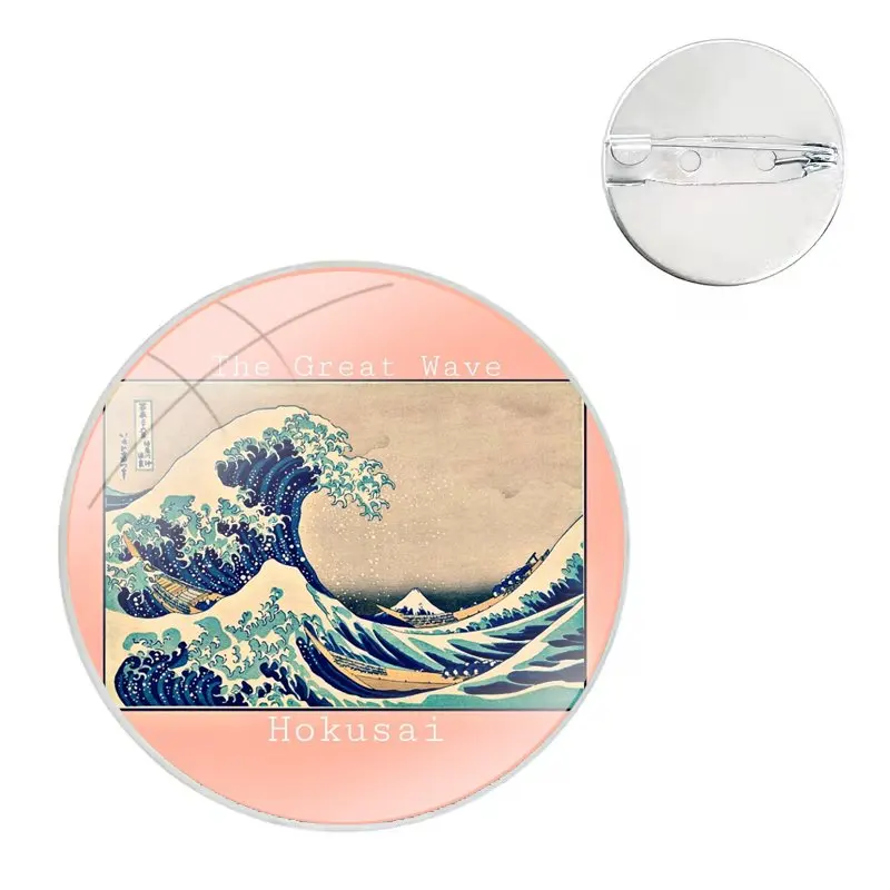 Glass Dome Brooches Shirt Lapel Bag Cute Badge Pins For Clothes Hat Accessories japan great wave