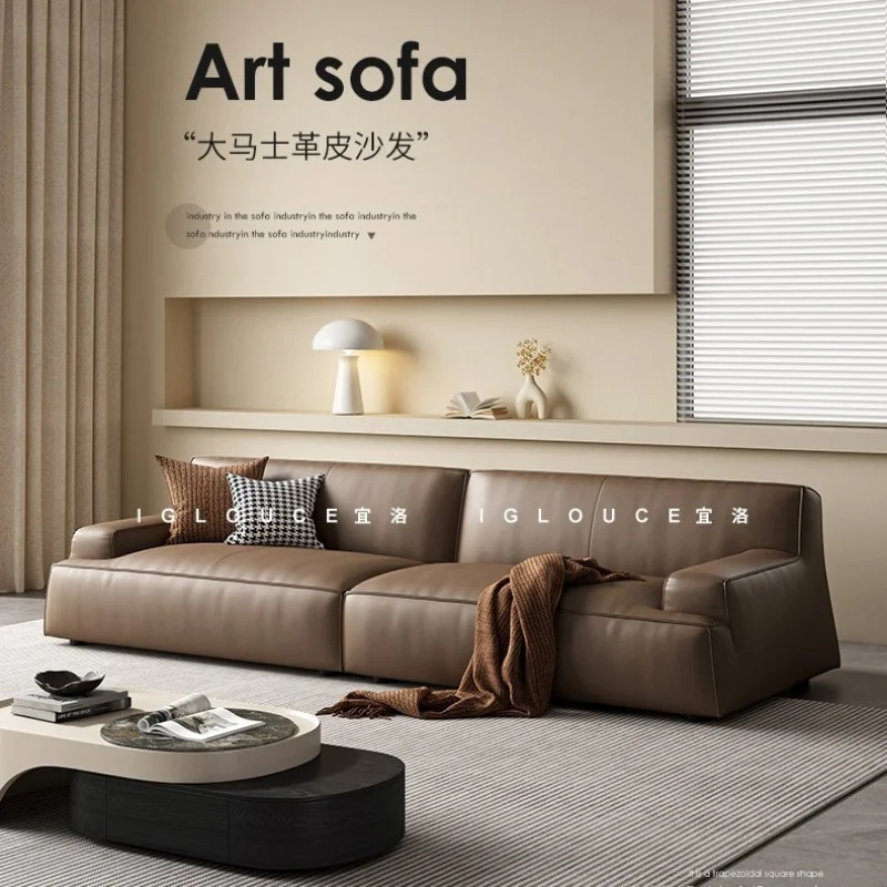 

Italian Minimalist Damascus Leather , Modern Living Room Block-Style Light Luxury Top-Grain Cowhide Straight-Line Sofa