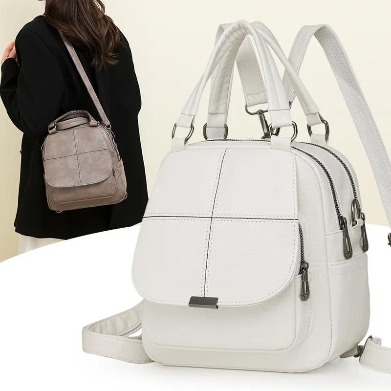 Women Multi Way Faux Leather Backpack Purse Quilted Stitching Multi Pocket Convertible Shoulder Crossbody Handbag For Ladies