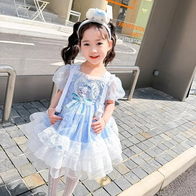 Kawaii Cinnamoroll Girls 2024 New Dresses Summer Anime Sanrio Girly Heart Cute Lolita Princess Dress Children's Birthday Dress