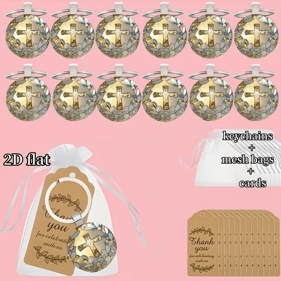 1/5/10/20/50/100pcs Unique Prayer Design Keychain Set - Golden Leaf Cross Pattern, Includes 12 Keychains/12 Cards/12 Gauze Bags.