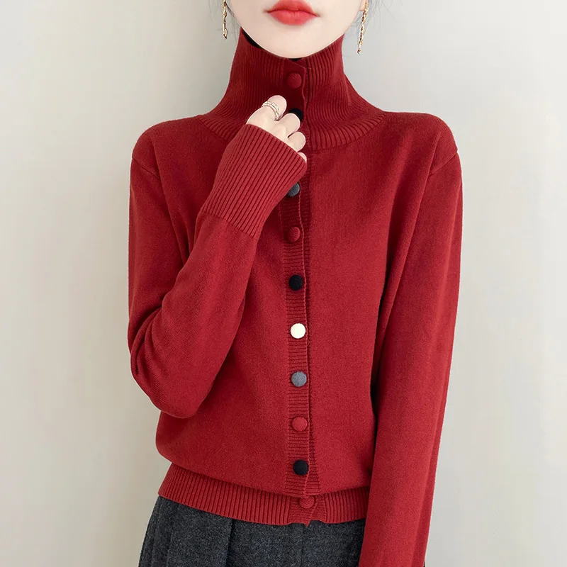 Autumn and winter new 100% pure wool retro women\'s stand collar knitted cardigan coat casual loose fashion bottoming shirt.