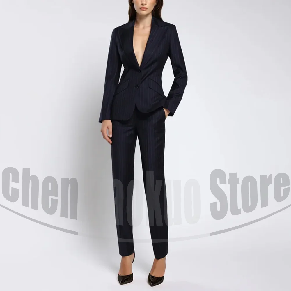 

Женский темно-синий костюм в тонкую полоску, официальный офисный деловой наряд для женщин, стильные однобортные костюмы с острым лацканом, комплект из 2 предметов