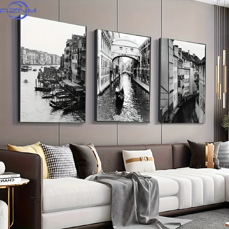 3pcs Black and White Venice Water Town Architecture Scenery Wall Art, Minimalist Nordic Art, Venice City Vintage Photo Poster,